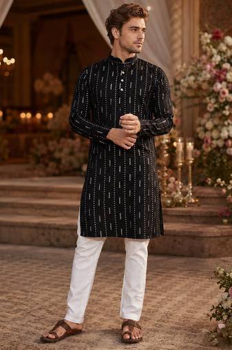 Black embroidered cotton straight kurta