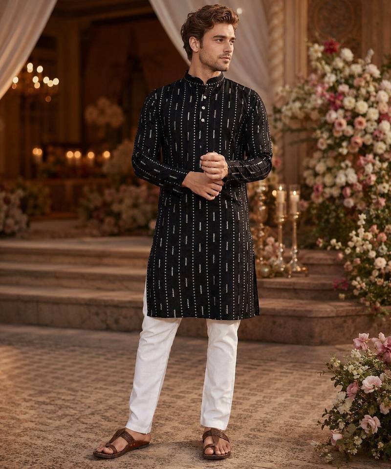 Black embroidered cotton straight kurta
