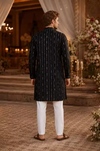 Black embroidered cotton straight kurta