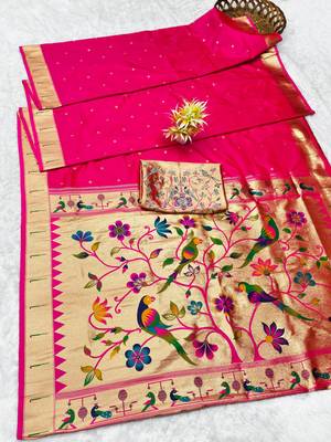 Pink zari woven paithani silk traditional saree with swarovski blouse piece 5