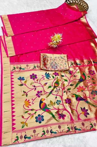 Pink zari woven paithani silk traditional saree with swarovski blouse piece