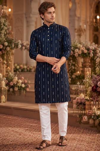 Blue embroidered cotton straight kurta