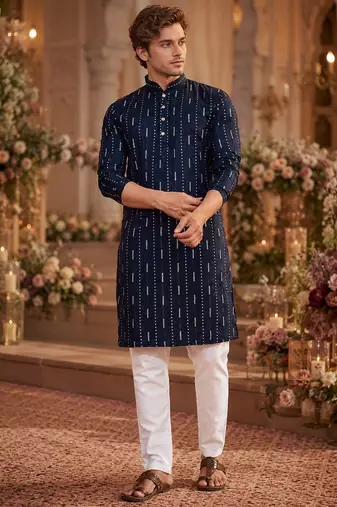Blue embroidered cotton straight kurta