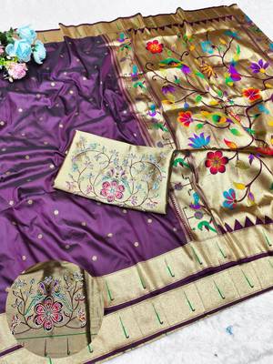 Wine zari woven paithani silk traditional saree with swarovski blouse piece 1