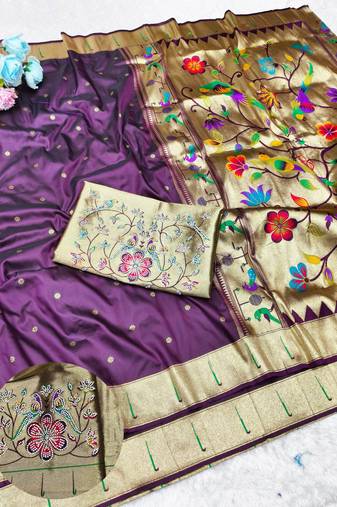 Wine zari woven paithani silk traditional saree with swarovski blouse piece