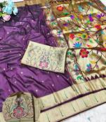 Wine zari woven paithani silk traditional saree with swarovski blouse piece