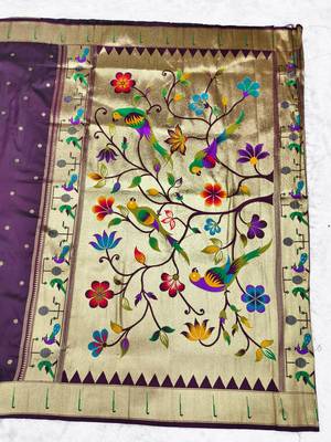 Wine zari woven paithani silk traditional saree with swarovski blouse piece 2