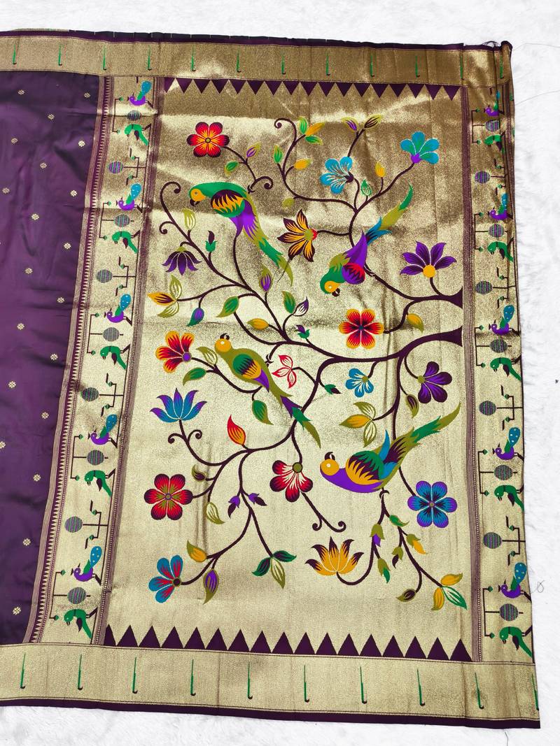 Wine zari woven paithani silk traditional saree with swarovski blouse piece