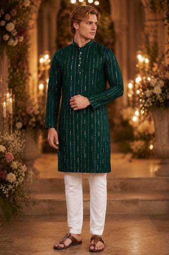 Green embroidered cotton straight kurta