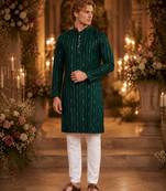 Green embroidered cotton straight kurta