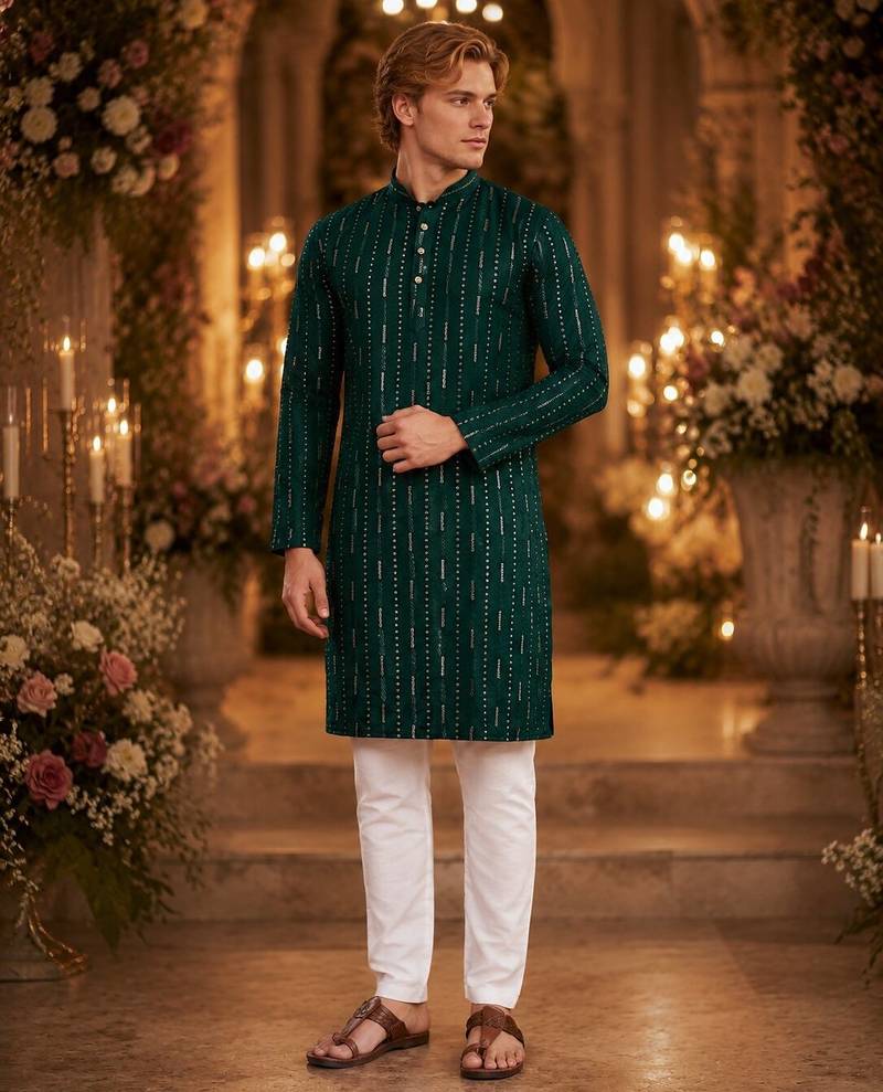 Green embroidered cotton straight kurta