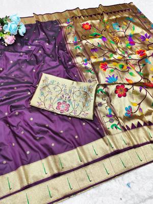 Wine zari woven paithani silk traditional saree with swarovski blouse piece 4