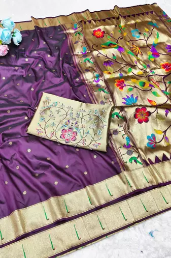 Wine zari woven paithani silk traditional saree with swarovski blouse piece