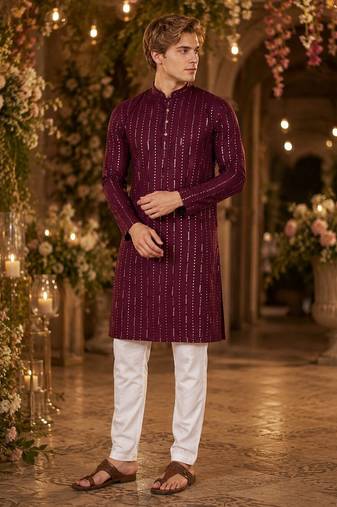 Purple embroidered cotton straight kurta