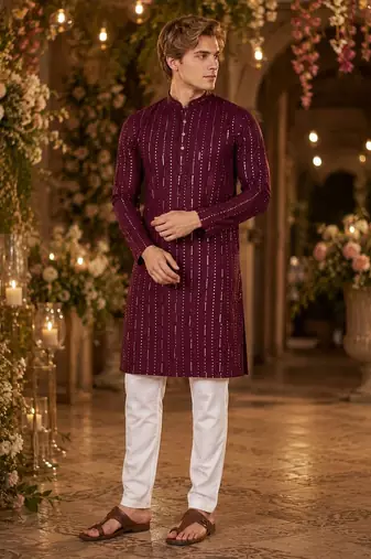 Purple embroidered cotton straight kurta
