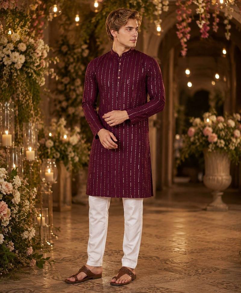 Purple embroidered cotton straight kurta