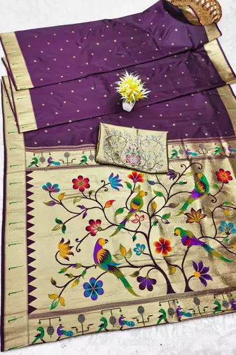 Wine zari woven paithani silk traditional saree with swarovski blouse piece