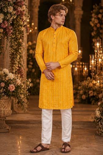 Yellow embroidered cotton straight kurta