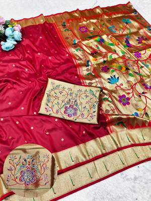 Maroon zari woven paithani silk traditional saree with swarovski blouse piece 1