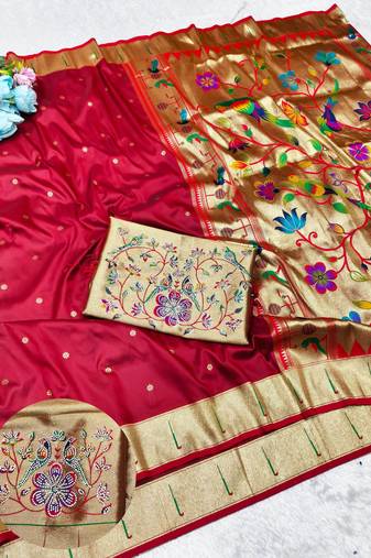 Maroon zari woven paithani silk traditional saree with swarovski blouse piece