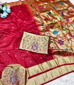 Maroon zari woven paithani silk traditional saree with swarovski blouse piece