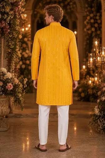Yellow embroidered cotton straight kurta