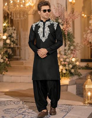Black embroidered & sequence work silk blend straight kurta set 1