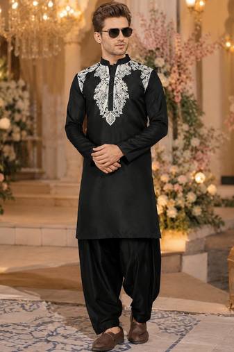 Black embroidered & sequence work silk blend straight kurta set