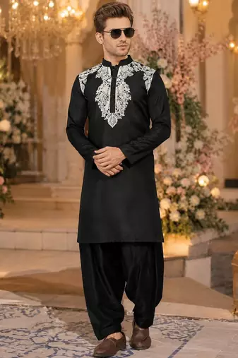 Black embroidered & sequence work silk blend straight kurta set