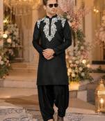Black embroidered & sequence work silk blend straight kurta set