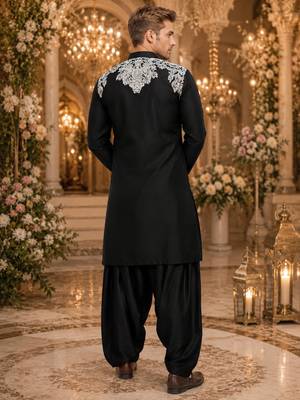 Black embroidered & sequence work silk blend straight kurta set 2