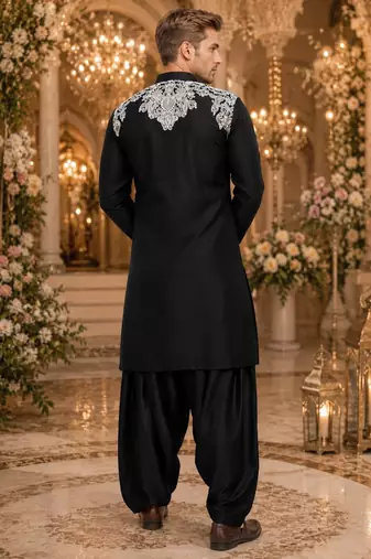 Black embroidered & sequence work silk blend straight kurta set