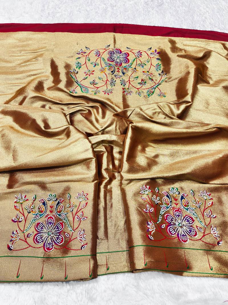 Maroon zari woven paithani silk traditional saree with swarovski blouse piece