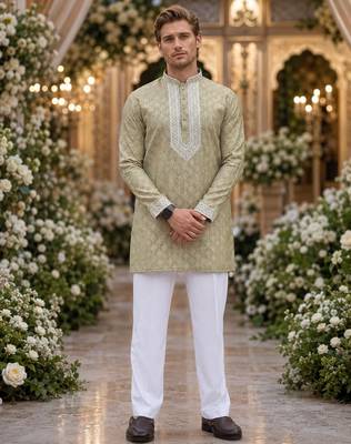 Beige embroidered silk blend straight kurta 1