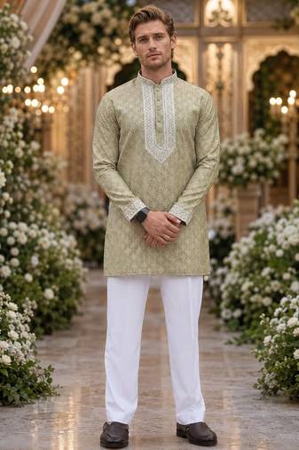 Beige embroidered silk blend straight kurta
