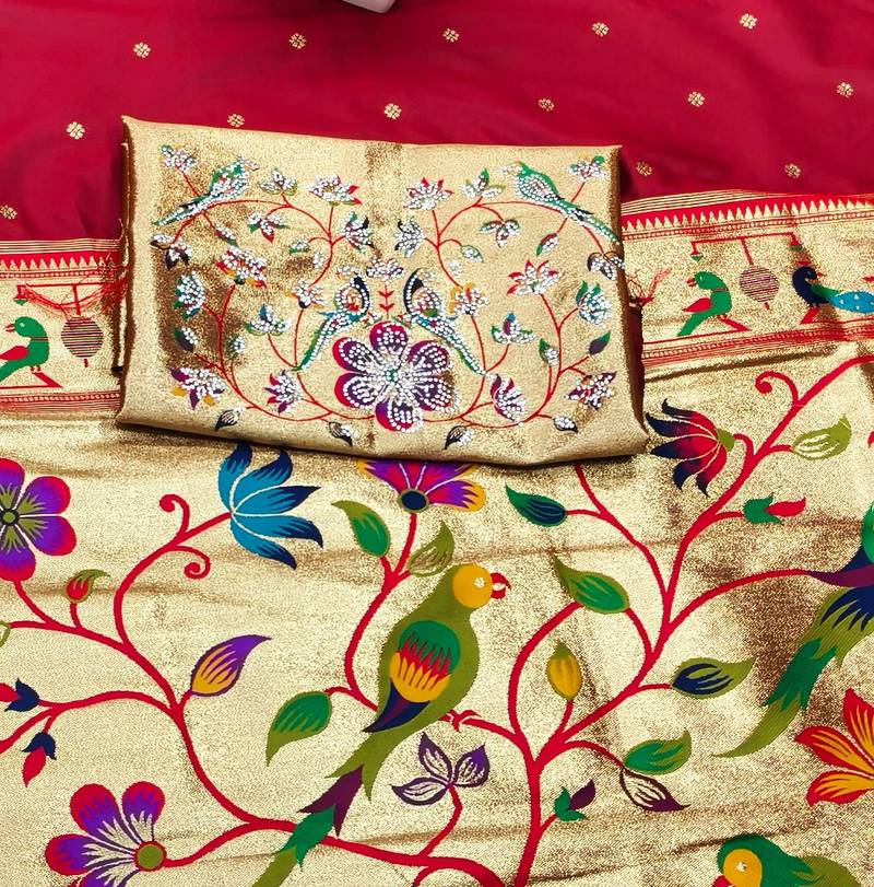Maroon zari woven paithani silk traditional saree with swarovski blouse piece
