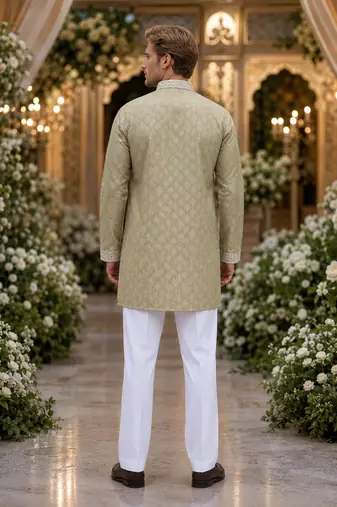 Beige embroidered silk blend straight kurta