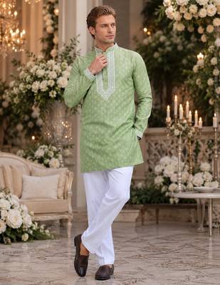 Green embroidered silk blend straight kurta 1