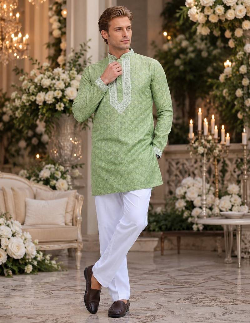 Green embroidered silk blend straight kurta