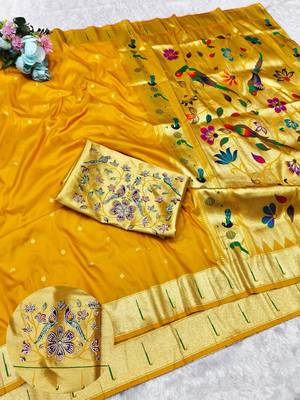 Yellow zari woven paithani silk traditional saree with swarovski blouse piece 1