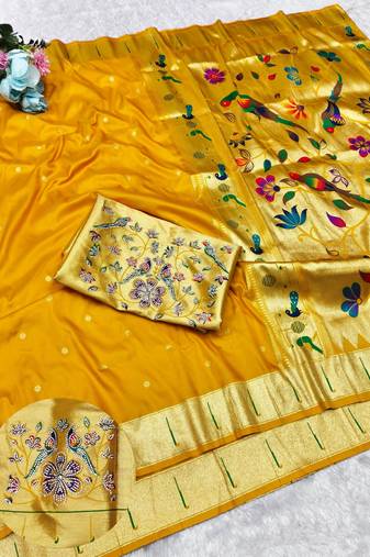 Yellow zari woven paithani silk traditional saree with swarovski blouse piece