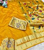 Yellow zari woven paithani silk traditional saree with swarovski blouse piece