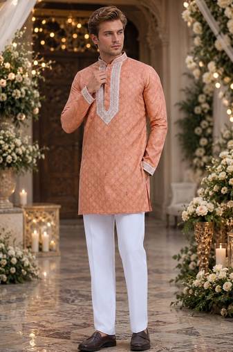 Orange embroidered silk blend straight kurta