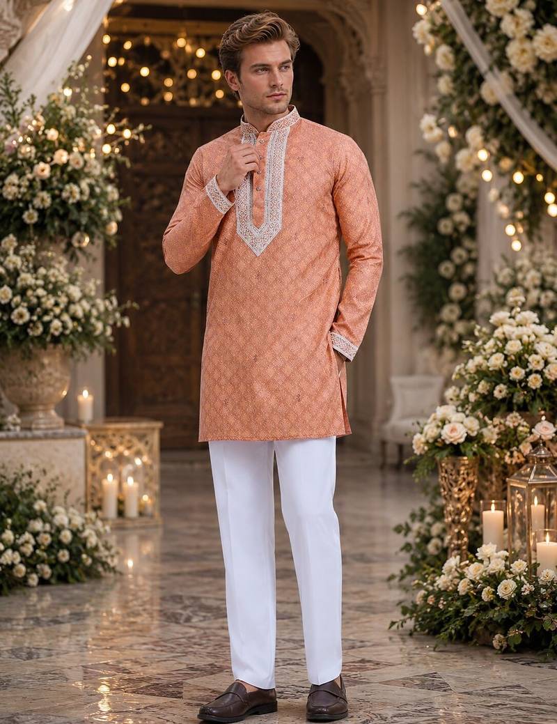 Orange embroidered silk blend straight kurta
