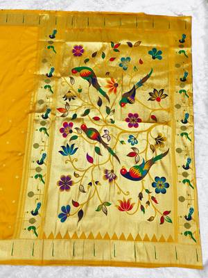 Yellow zari woven paithani silk traditional saree with swarovski blouse piece 2