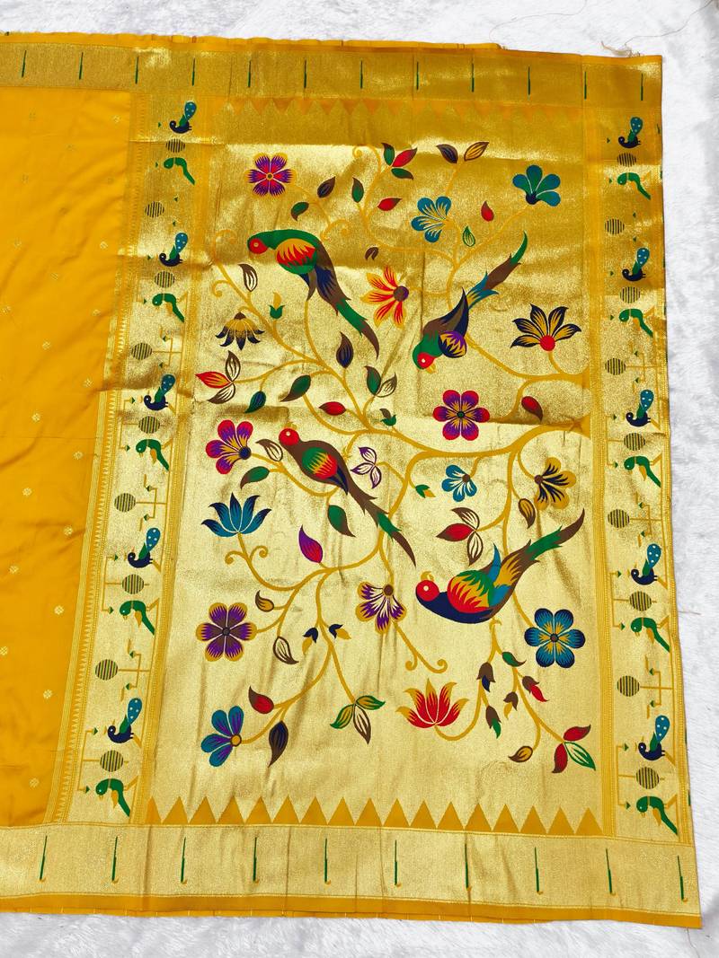 Yellow zari woven paithani silk traditional saree with swarovski blouse piece