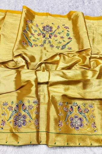 Yellow zari woven paithani silk traditional saree with swarovski blouse piece