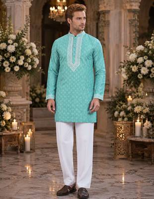 Sky embroidered silk blend straight kurta 1