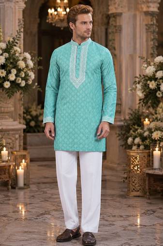 Sky embroidered silk blend straight kurta