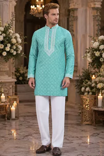 Sky embroidered silk blend straight kurta